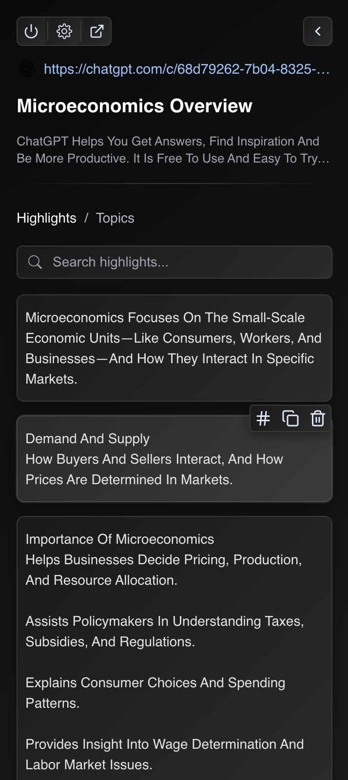 Extension sidebar with highlights and topics